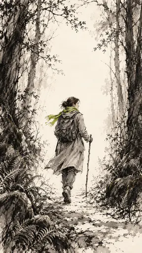 A fictional adult woman in a long raincoat with a backpack and a walking stick strides along a woodland trail through dense drawn trees with one vivid lime scarf in loose ink.