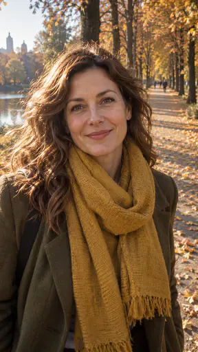 A fictional adult woman with wavy chestnut hair in a mustard scarf and olive coat walks toward the camera along an autumn park path in a colour slide film photograph.