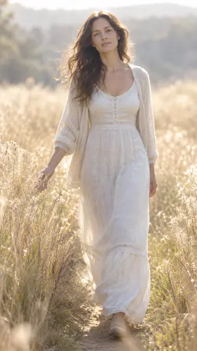 A fictional adult woman in a long white linen dress and a cardigan walks slowly through tall dry grass with one hand trailing through it in a soft glowing meadow.