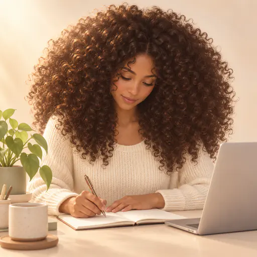 A fictional adult woman with a voluminous cloud of curly dark hair in a cream knit top writes at a tidy desk with a laptop in a smooth airbrushed illustration with a plant.