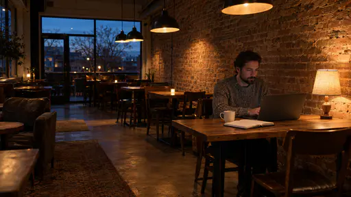 A fully clothed adult in a knit sweater works at a laptop at a wooden cafe table with a coffee and a notebook under a row of pendant lamps with dusk light in the window.