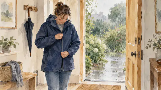 A fully clothed adult zips up a navy rain jacket at a front door beside an umbrella on a hook with a rainy garden beyond in wash and ink.