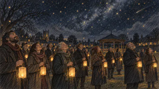 A small crowd of fictional adults in coats and scarves holds paper lanterns on a village green at night under twinkling golden stars near a plain wooden bandstand.