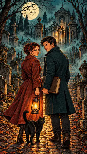 A woman with a glowing lantern and a man with an old book stand with a black cat on a cobbled path facing a fog wrapped crypt gate under a huge moon.