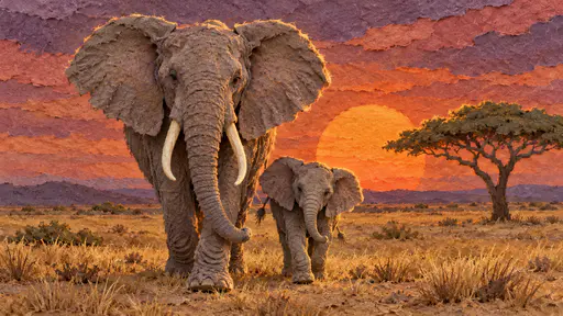 An adult African elephant with spread ears and curved tusks walks beside a calf across a dry savanna at dusk with an acacia and a large setting sun in paper pulp.