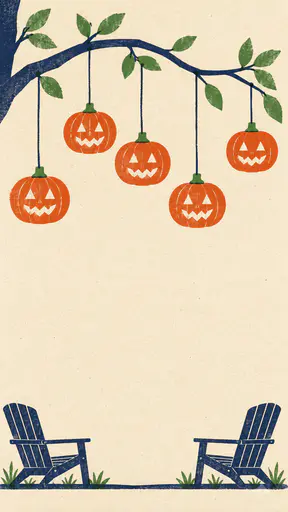 Risograph-style Halloween garden party flyer background: five flat-ink jack-o-lanterns hang at staggered heights from one arching navy branch, two simple garden chairs face each other low in the corners, and the open cream center stays free for an event title, printed in burnt orange, navy and leaf green on cream paper.