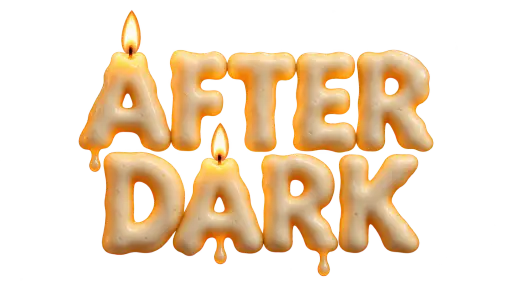 The words AFTER DARK stacked on two lines, sculpted from broad creamy candle-wax letters with amber glow, three rounded drips and two small flames, isolated on a transparent background as a Halloween typography asset.