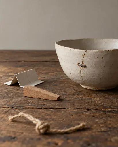 A repaired ceramic bowl sits on a carpenter's bench, surrounded by three very different discarded repair materials, with only a plain staple visibly doing the work.