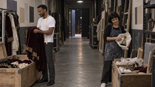 A tall lean man with a neat black beard in a white shirt folds a velvet gown over his arm and a woman with a short black bob in a paint-splashed denim apron wraps a brass bell in paper beside open wooden crates in a quiet stage-door corridor late at night with the stage door ajar at the end.