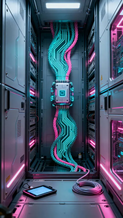 An intimate 9:16 view of an AI core lab with pulsating circuit veins and a luminous central module, framed for vertical presentation with focused, clinical drama.