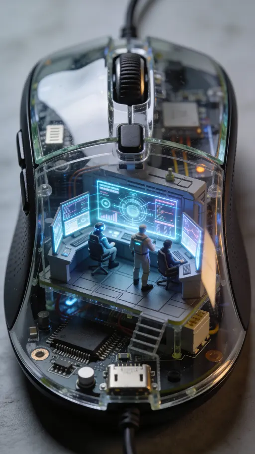 A futuristic AI operations room built inside a translucent computer mouse, miniature humans monitoring glowing data screens beneath a glass shell with dramatic macro lighting.