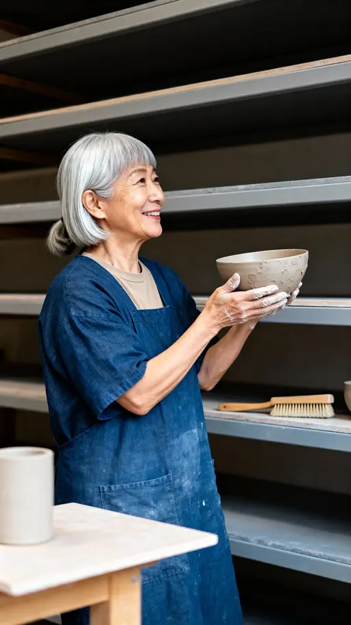 Aiko, a Japanese American ceramicist in Portland, carries a damp clay bowl to a shelf, serene in an indigo smock over an oatmeal tee, hands dusted with slip and a silver bob, against warm-wood shelves and a muted clay-gray rack with a soft‑