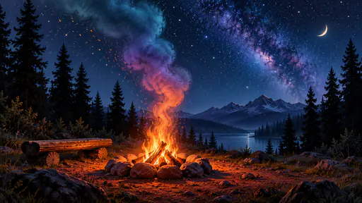 A contained stone-ring campfire in a forest clearing sends a column of smoke drifting up through violet and teal airbrushed gradients to the stars.