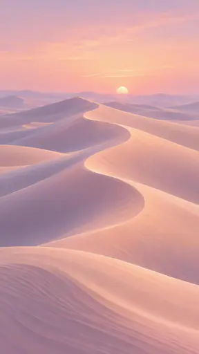 Smooth rolling airbrushed dune ridges in dusty rose, pale peach and soft lavender with fine flowing contour lines beneath a blush sky and a small pale sun.