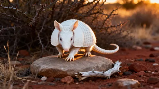 An albino armadillo stands on a flat stone in dry scrubland, facing the viewer with tilted head and curved tail amid bleached branches, dry grasses, and warm sunset hues.