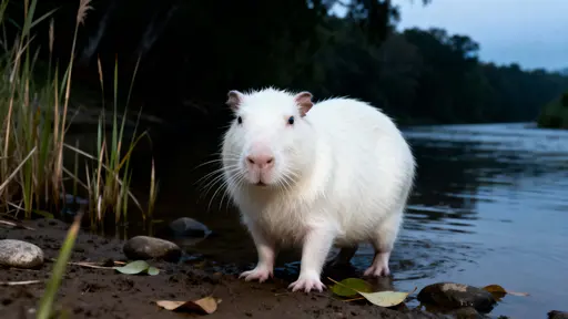 A tranquil portrait of an albino capybara standing at a muddy river edge, white fur contrasting with deep green reeds and muted blue-gray water under soft overcast light.