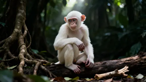 An albino chimpanzee sits on a fallen log in a dense rainforest clearing, facing the viewer with steady light eyes as soft natural light outlines its pale features.