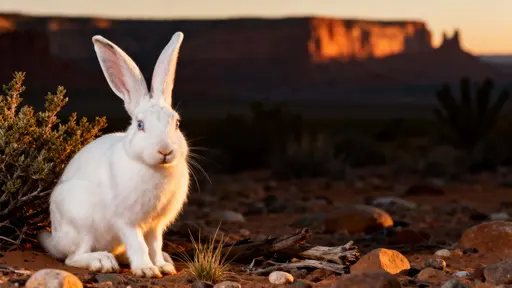An albino desert hare pauses beside a low shrub in a rocky arid landscape at golden hour, its smooth white fur and mismatched ears grazed by warm sunset as distant mesas and shadowed plants recede.