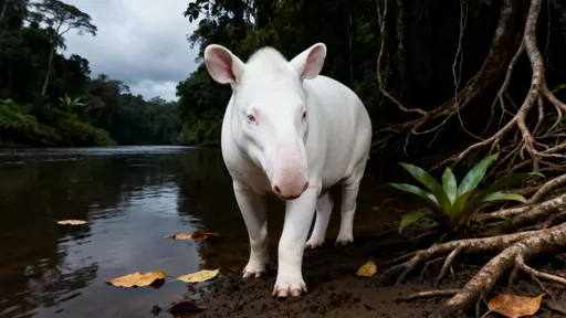 An albino lowland tapir stands at the muddy riverbank of a rainforest, facing the viewer with pale eyes amid exposed roots, floating leaves, and deep green shadows.