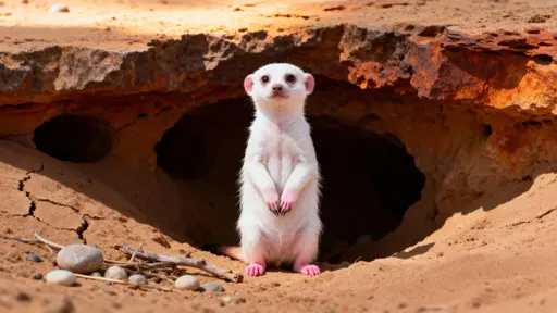 An albino meerkat stands upright at the rim of a sandy burrow in a sun-baked desert, alert and looking toward the viewer amid ocher rock shadows.