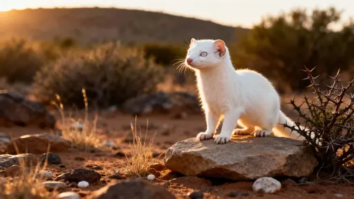 An albino mongoose stands alert on a flat sunlit rock in semi-desert scrubland, facing the viewer with pale eyes and perked ears amid dry grasses, thorny shrub, and warm brown-olive terrain.