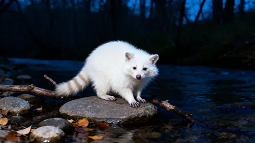 An albino raccoon crouches on a flat river stone at dusk beside a woodland stream, white fur gleaming as it peers at the viewer amid wet stones, fallen leaves, and dark water.