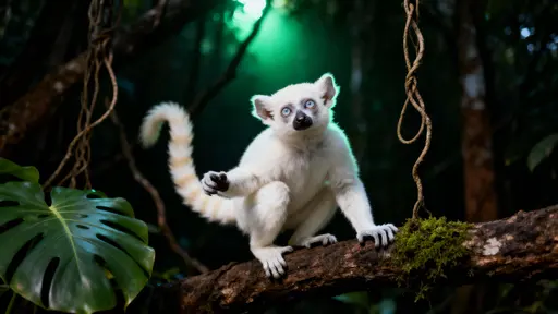 An albino ring-tailed lemur crouches on a thick branch in a dim Madagascar forest, its white fur and faint cream-ringed tail highlighted by cool green canopy light.