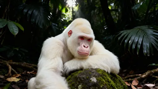 A creamy-white albino western lowland gorilla sits on a moss-covered boulder in a dense rainforest, staring gently at the viewer amid drooping tropical leaves and deep emerald shadows.