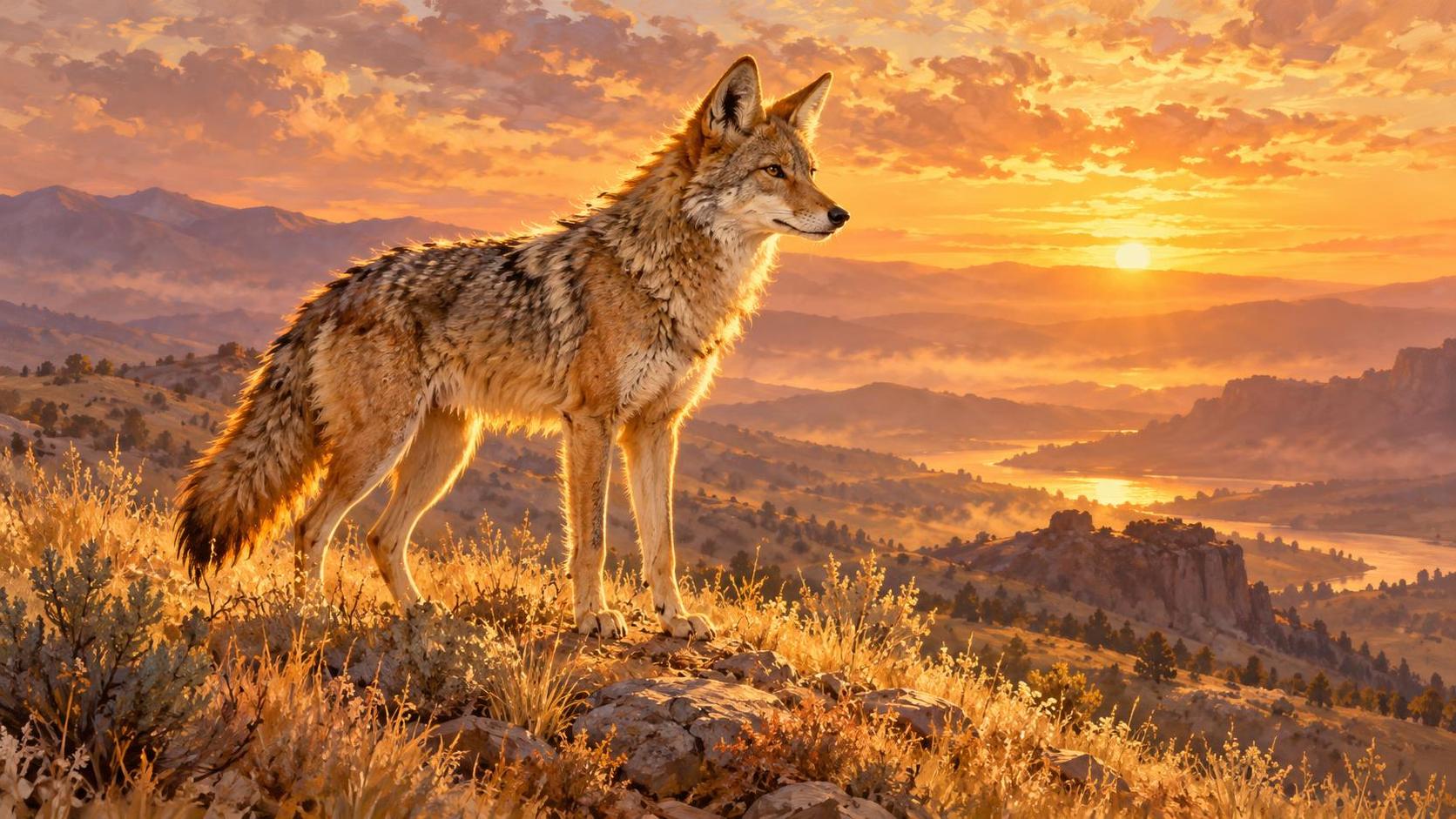 A beautiful wild coyote stands alert on a ridge at golden hour with a thick tawny and grey coat and pointed ears forward with dry grass and distant hills glowing behind.