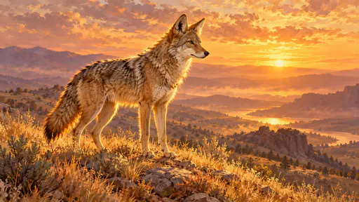A beautiful wild coyote stands alert on a ridge at golden hour with a thick tawny and grey coat and pointed ears forward with dry grass and distant hills glowing behind.