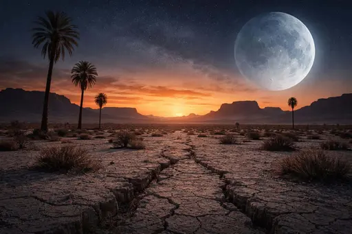 A 3:2 matte-style digital painting of a cracked desert plain at dusk with a giant luminous moon over distant mesas, composed for a widescreen poster image.