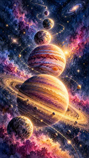 Planets and moons align in a row across a deep starry sky with a ringed gas giant, a banded planet, several moons and glowing arcs of orbit lines.