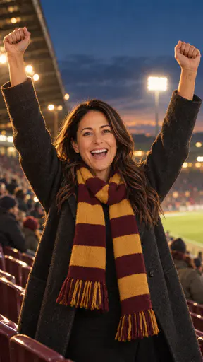 A woman with long wavy dark hair in a charcoal coat and a maroon and gold striped scarf, arms raised, cheering in a stadium stand under floodlights at dusk.