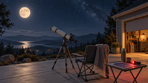 A small telescope on a tripod, a folding chair with a blanket and a thermos sit in a driveway beside a half open garage under a large warm ivory moon.