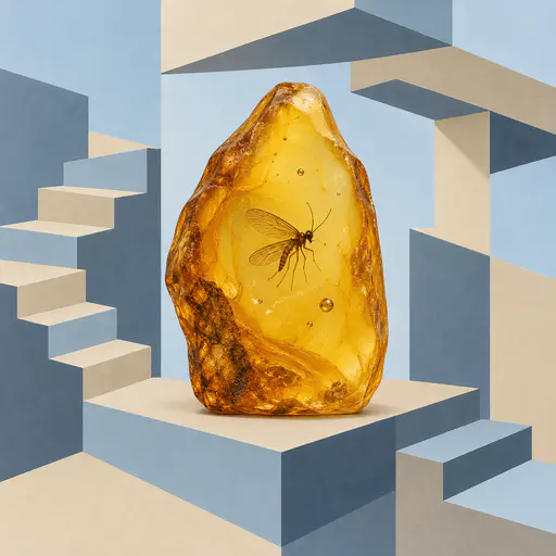 An upright amber fossil holding a tiny ancient insect and small bubbles sits among parallel projected planes in pale blue, sand and slate that can read as stairs or an overhang.