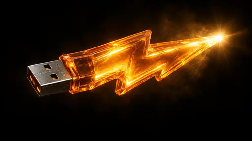 A translucent amber lightning-bolt-shaped USB flash drive with its metal connector at one end and a bright flash bursting from the other tip, lit against a deep dark studio field.