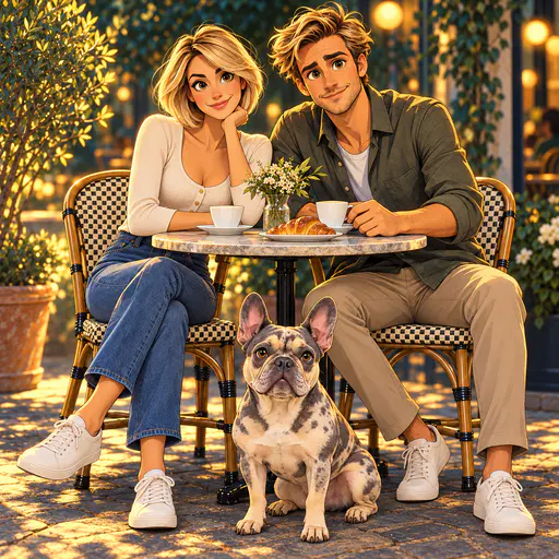 Cartoon illustration of a couple and their French bulldog at a warmly lit café terrace at night