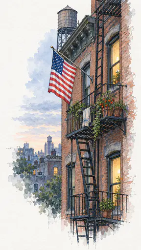 An American flag hangs from a pole bracket on a brick apartment wall beside a black iron fire escape with potted tomato plants and a folded towel in an ink and watercolor sketch.