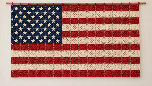 The American flag is crocheted from linked red and white granny squares in thirteen stripes with a navy canton of cream crocheted stars hanging flat from a wooden rod against a pale wall.