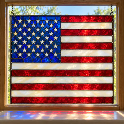 The American flag is a soldered glass panel of ruby red and milky white strips with a cobalt canton of small white star pieces hanging in a plain window with coloured light falling on a pale sill.