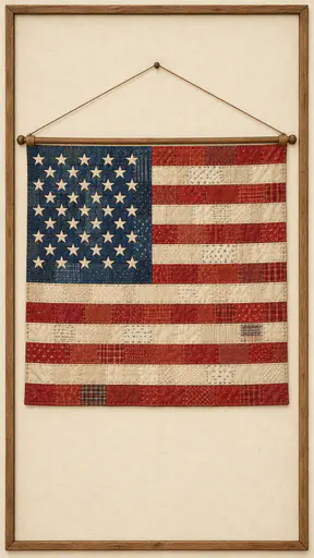 The American flag is built as folk patchwork with red work shirt stripes, unbleached cotton white stripes and a denim canton with small white star patches and visible stitched repairs on a cream ground.