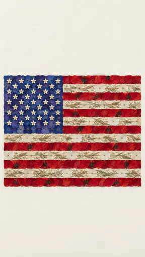 The American flag is assembled from pressed red poppy and cranberry petals, pale dried grasses and a canton of delphinium and bluebell petals with small white blossoms on ivory paper.
