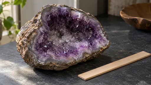 A sawn-in-half amethyst geode with a rough grey-brown shell and a bowl of banded purple crystal lining with glittering clear points at the centre rests on a dark slate bench beside a plain wooden ruler in raking side light.
