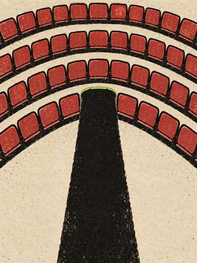 An original horror poster illustration: four curved rows of empty dusty-red cinema seats arc like the teeth of a stylized open mouth, seen from above, around a large solid-black aisle gap kept empty as title space, printed as a linocut relief in rich black ink on bone paper with one acid-green accent rim.