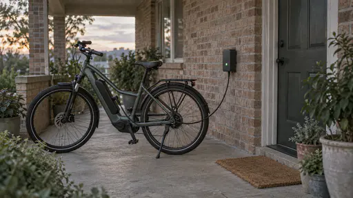 An electric bicycle leans on its stand on a covered brick porch beside a small wall-mounted charging point with a cable to its battery and a small green indicator glowing in soft evening light.