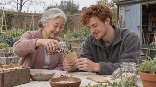 A very small elderly woman with a low silver bun in a dusty-pink cardigan pours dried bean seeds from a glass jar into a brown paper envelope held open by a young man with copper-red hair in a grey fleece at a garden table in warm morning light.