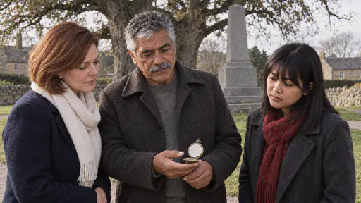 An older man in a dark wool coat over a grey jumper holds a worn pocket watch with a blank face open in his palm for a woman with an auburn bob and a woman with a fringe who stand close listening on a village green in warm side light.