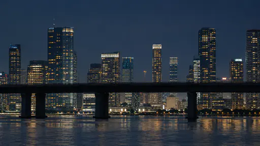 A plain elevated bridge crosses the middle of the frame in dark silhouette at night, breaking the lit skyline behind it into two parts.