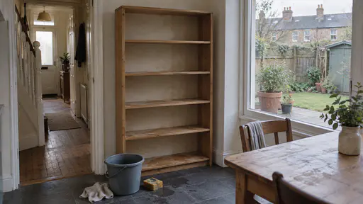 An emptied shelf unit stands washed and bare against a pale wall with damp cloth marks drying on its boards and a bucket and a sponge on the floor in front of it beside a tall window in clean light.