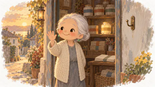 A very small elderly woman with a silver bun, jade earrings and a cream cardigan waves happily from the open door of her shop in golden evening light beside an empty brass hook on the wall where a wonder was returned, one jar glowing faintly behind her.